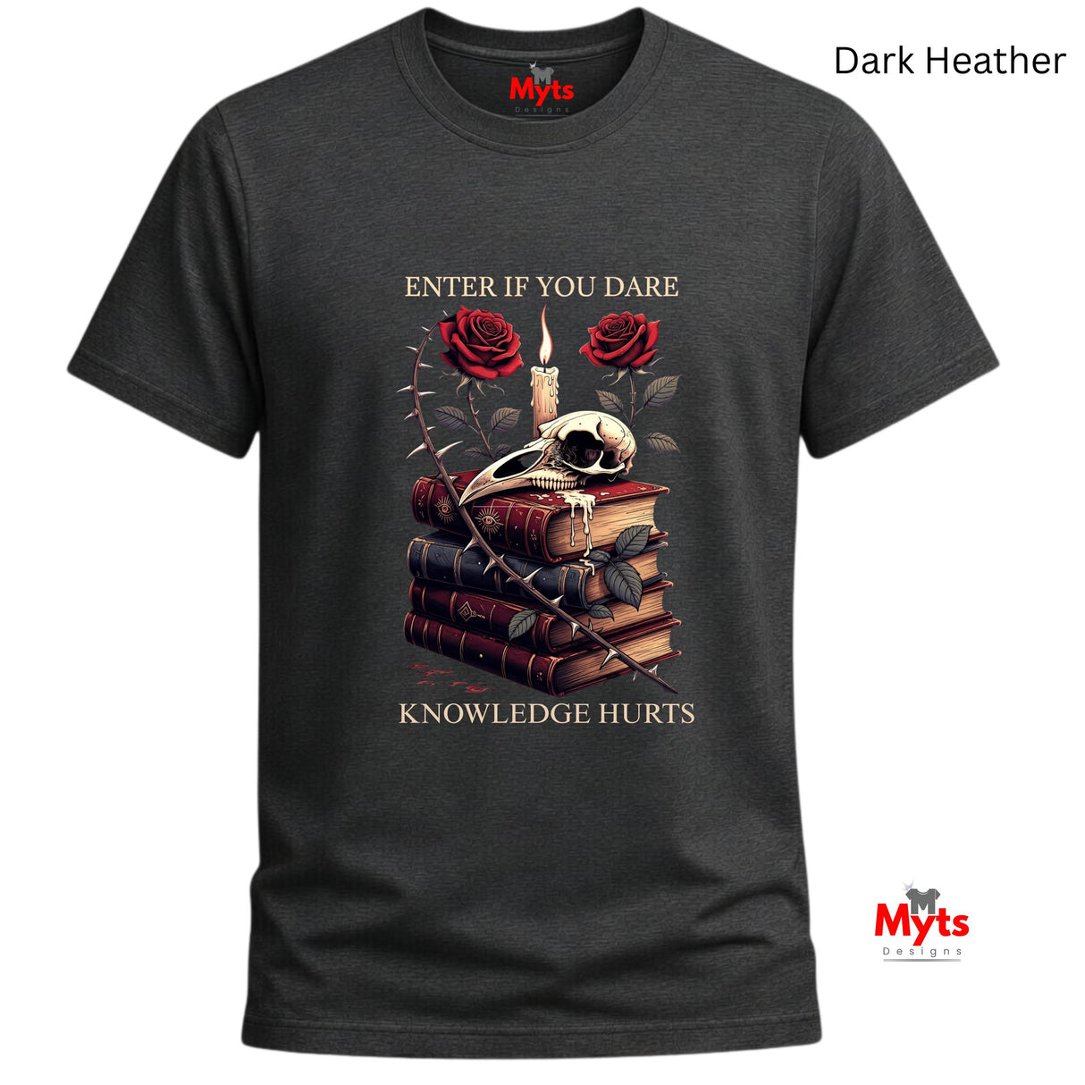 Dark Heather t-shirt with skull, books, and roses design on a white background