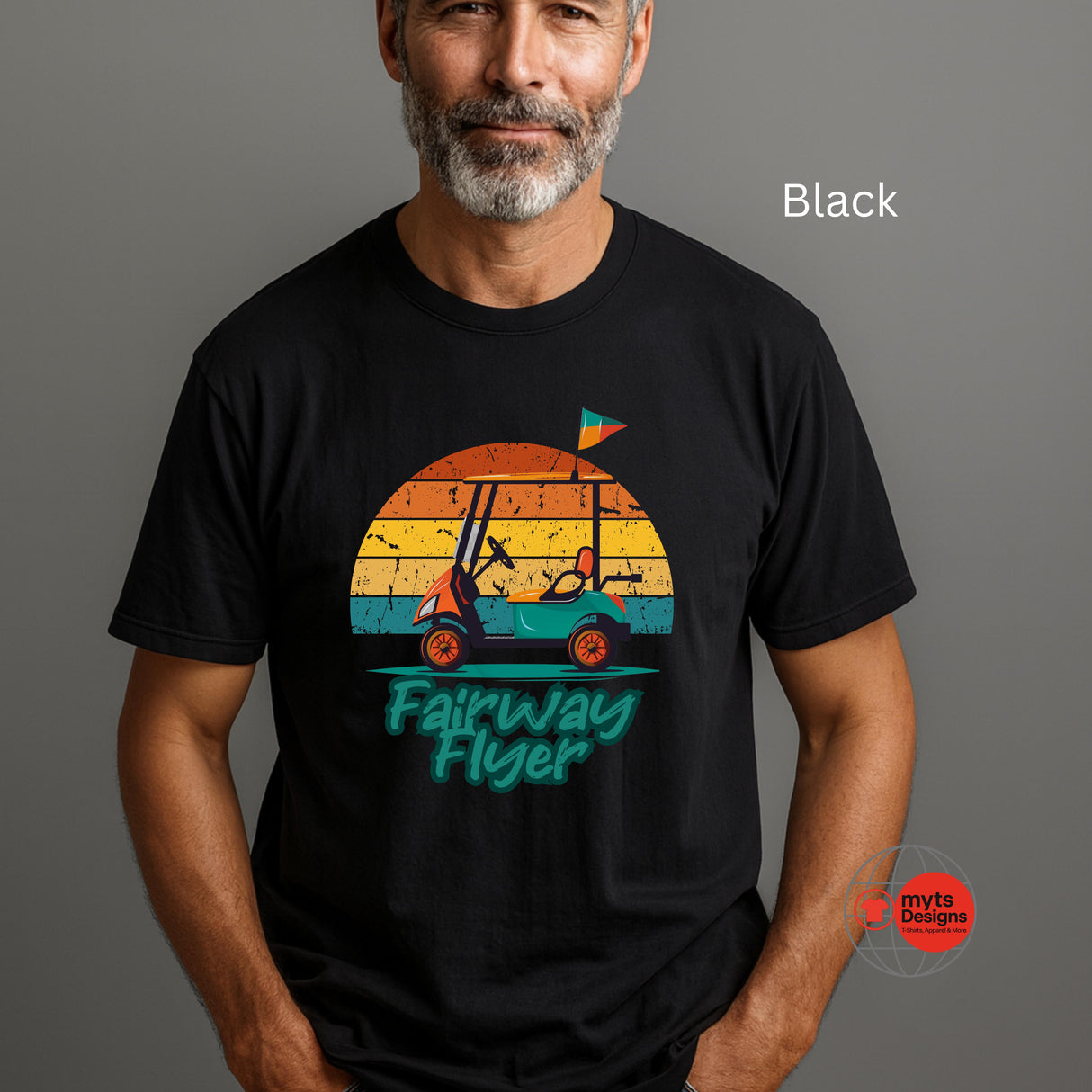 Man wearing a black t-shirt with 'Fairway Flyer' graphic design on a gray background