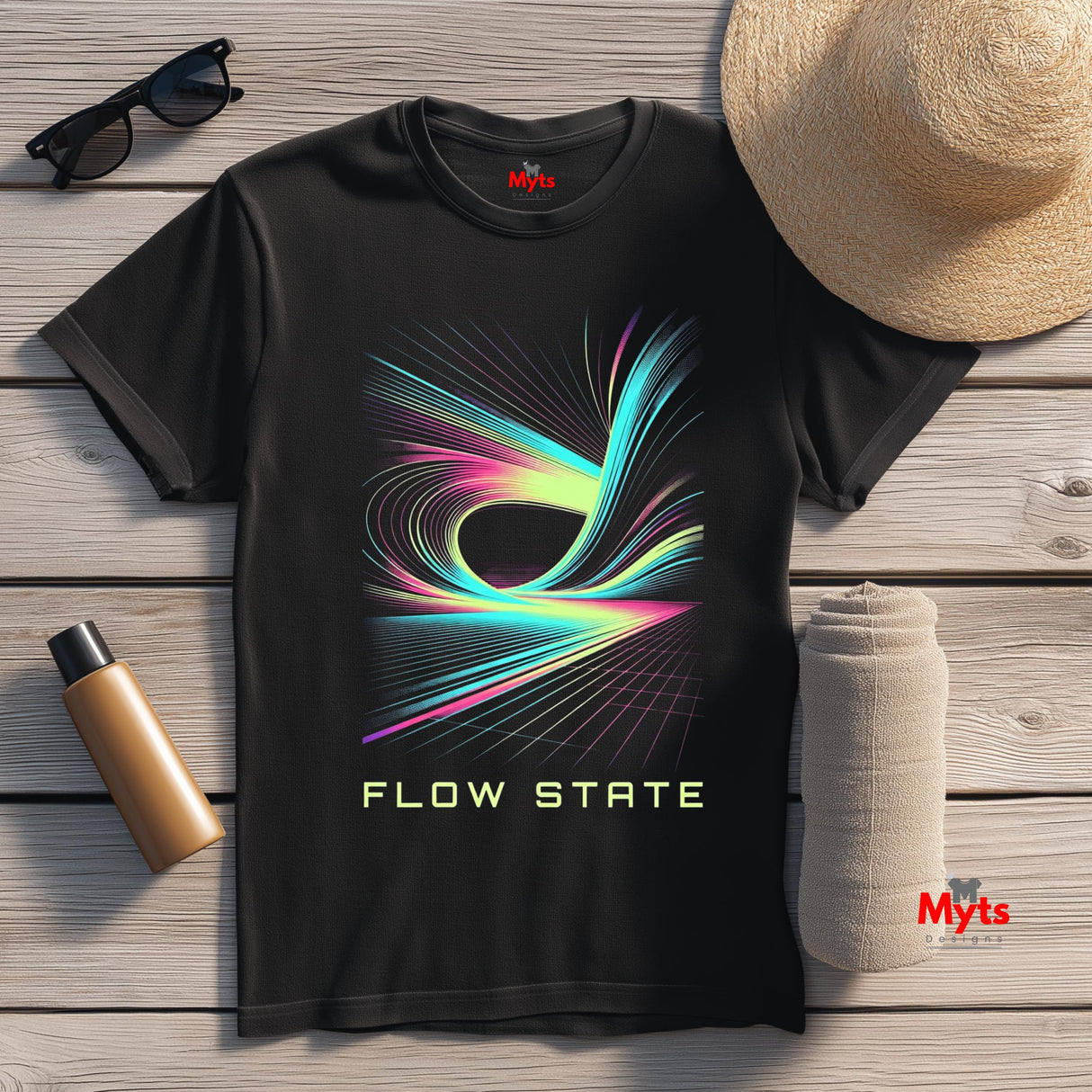 Black t-shirt with colorful 'Flow State' design on a wooden surface with accessories.