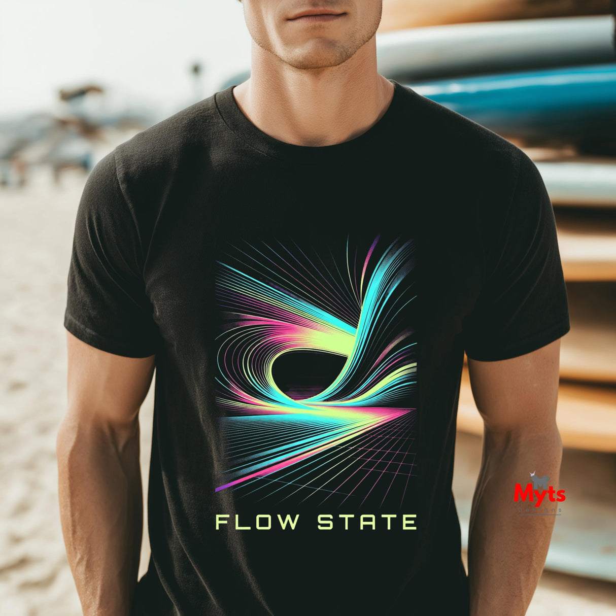 Person wearing a black t-shirt with a colorful 'Flow State' design on a beach.