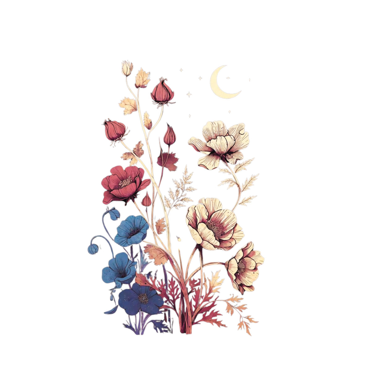 A decorative floral illustration featuring cream, red, and blue flowers with stems, leaves, and a small crescent moon on a plain white background.