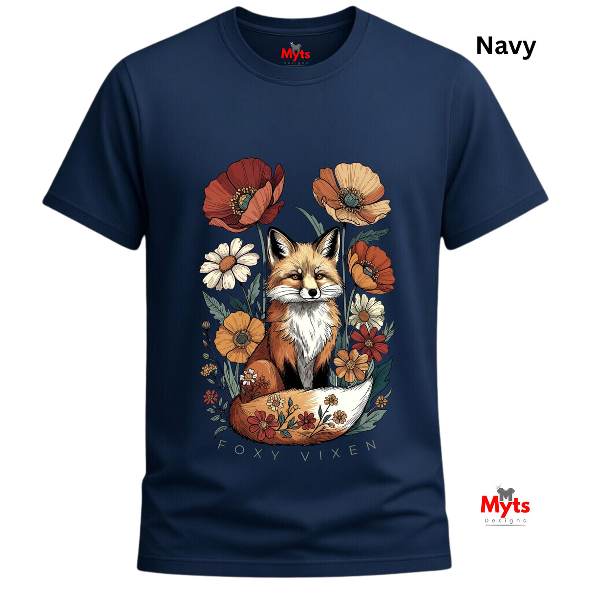 A navy blue short-sleeve t-shirt with a colorful graphic of a fox sitting in a flower pot surrounded by wildflowers. The text 'Navy' is displayed in the top right corner, and the Myts brand logo is visible on the inner neck label and as a watermark in the bottom right corner.