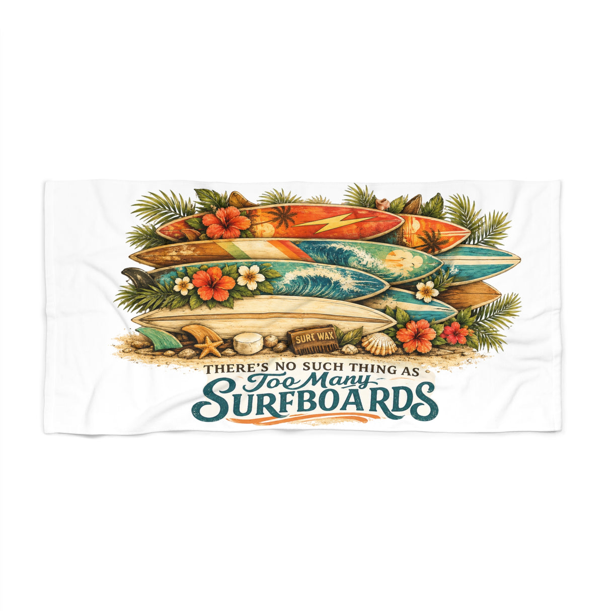 Beach towel with surfboards and tropical design on a white background