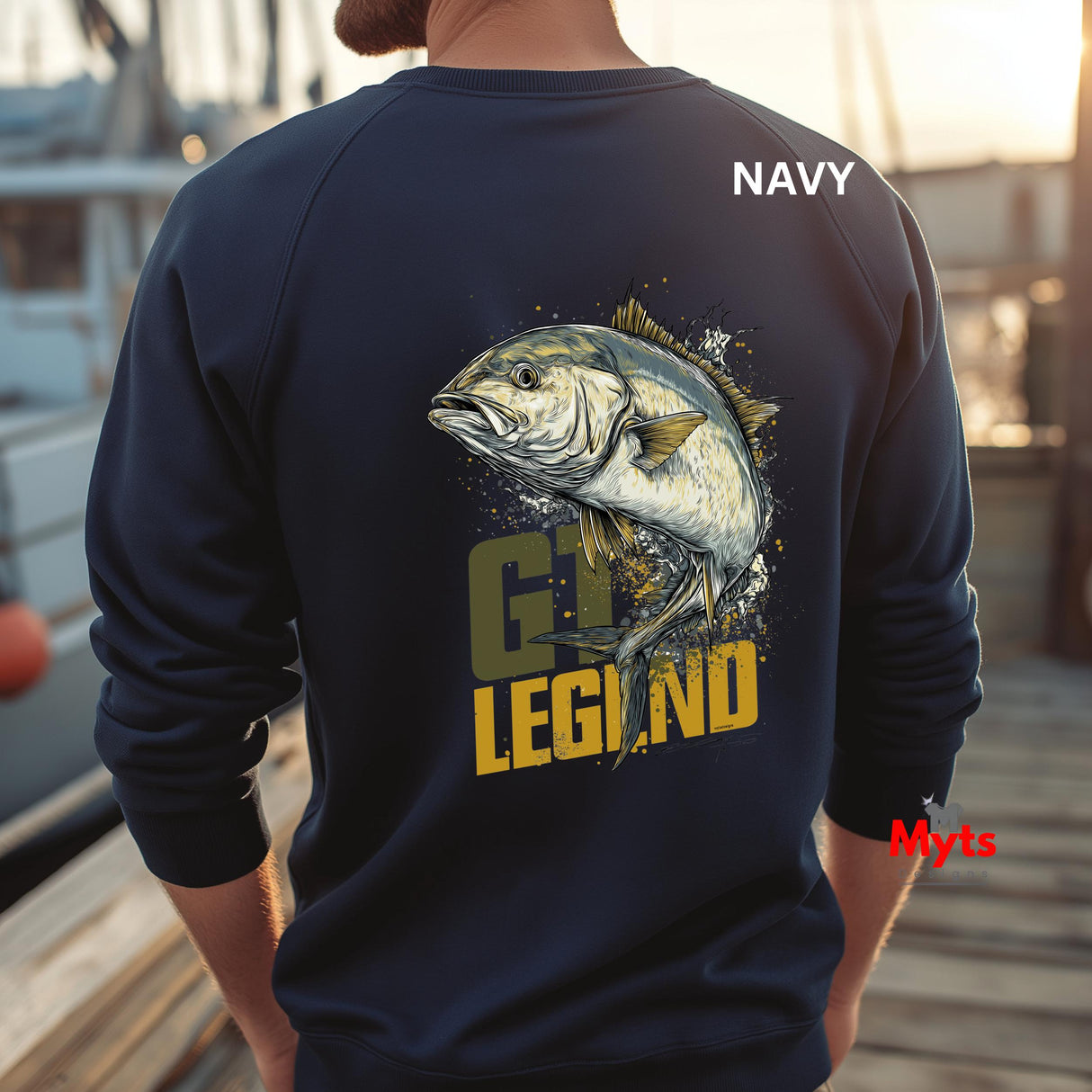 Navy long-sleeve shirt with fish graphic and 'GI Legend' text on a blurred outdoor background