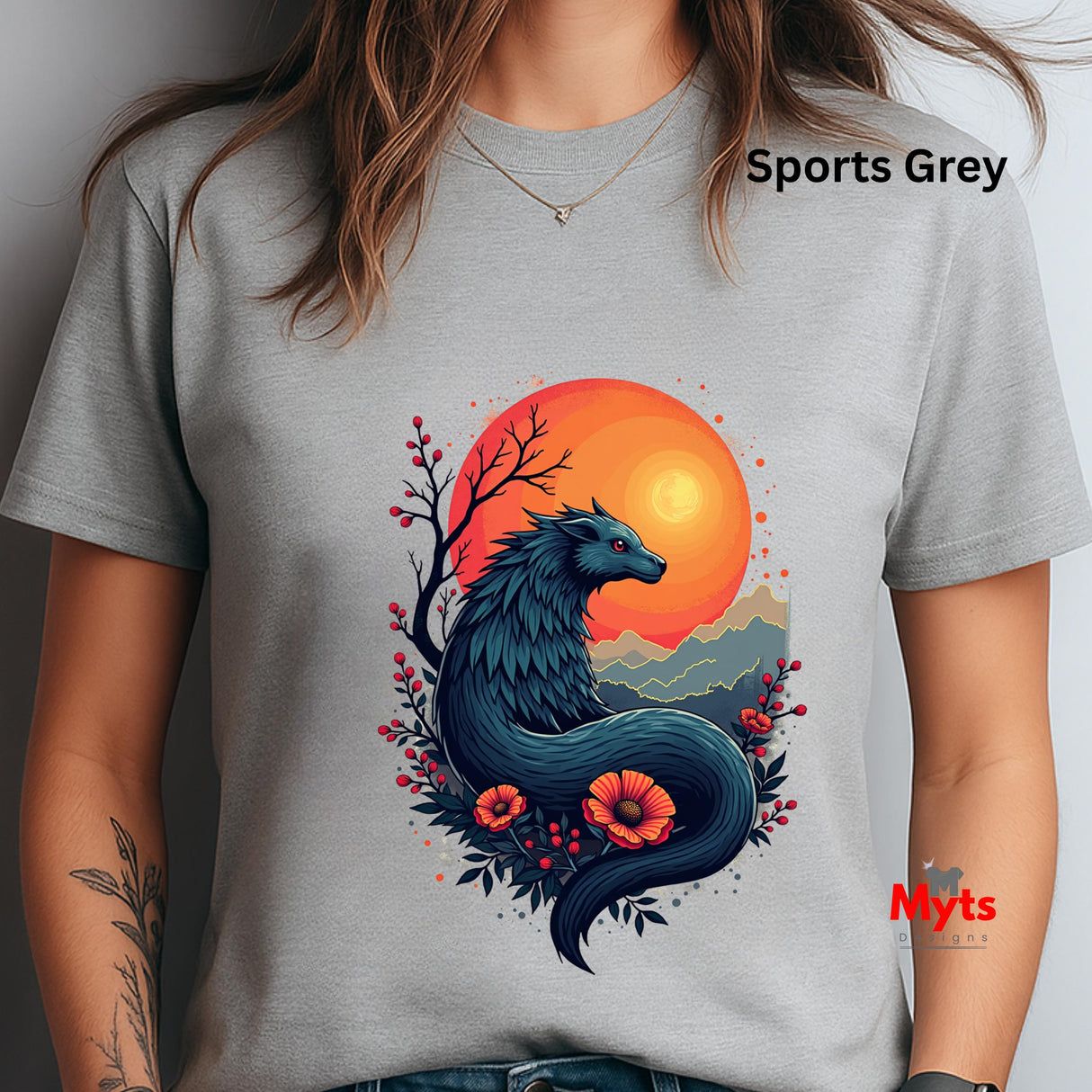 Gray t-shirt with a dragon and sunset design, labeled 'Sports Grey'.