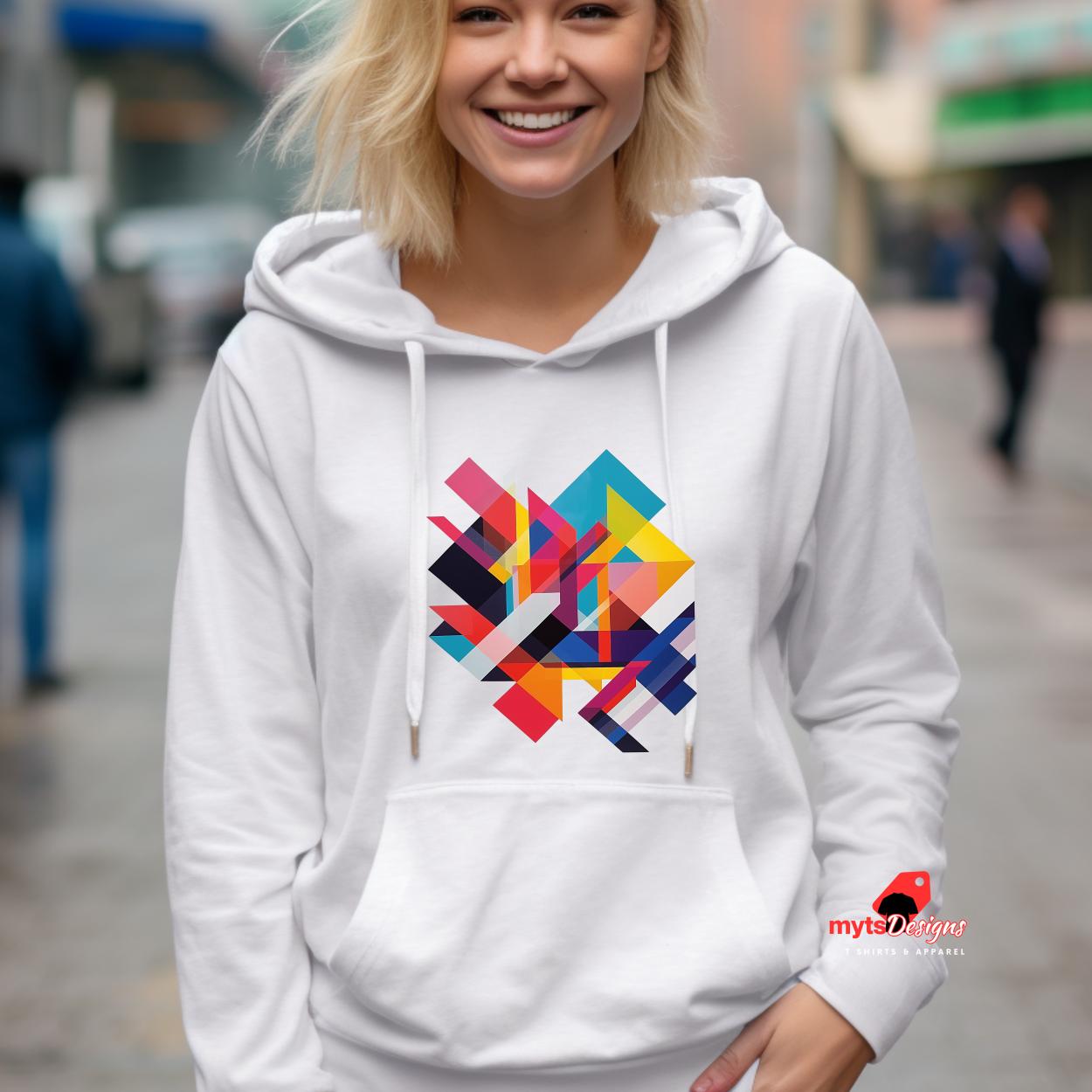 Woman wearing a white Doubled Geometric Shapes Hoodie