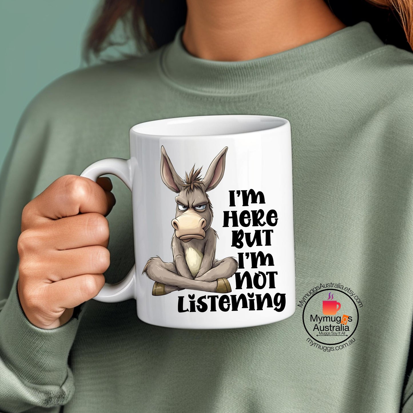 Sarcastic Donkey Coffee Mug – “I’m Here But I’m Not Listening” Funny Office Gift