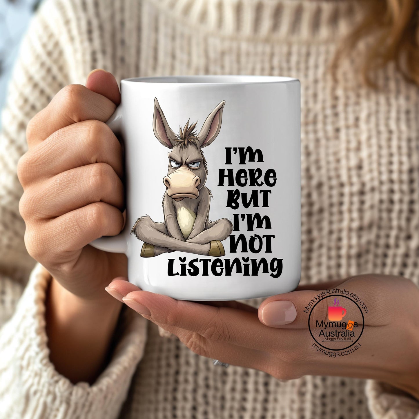 Sarcastic Donkey Coffee Mug – “I’m Here But I’m Not Listening” Funny Office Gift