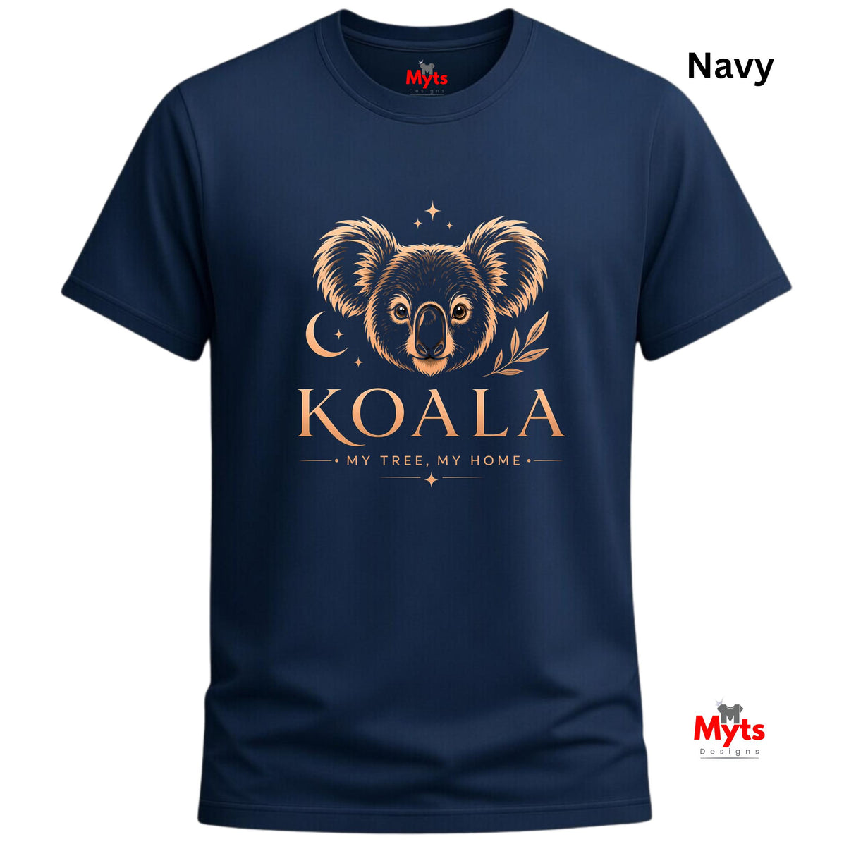 A navy blue short-sleeve t-shirt with a gold graphic of a koala face, crescent moon, stars, and the text 'KOALA MY TREE, MY HOME'. The word 'Navy' is written in the top right corner, and the 'Myts' brand logo is visible on the inner neck label and as a watermark in the bottom right corner.