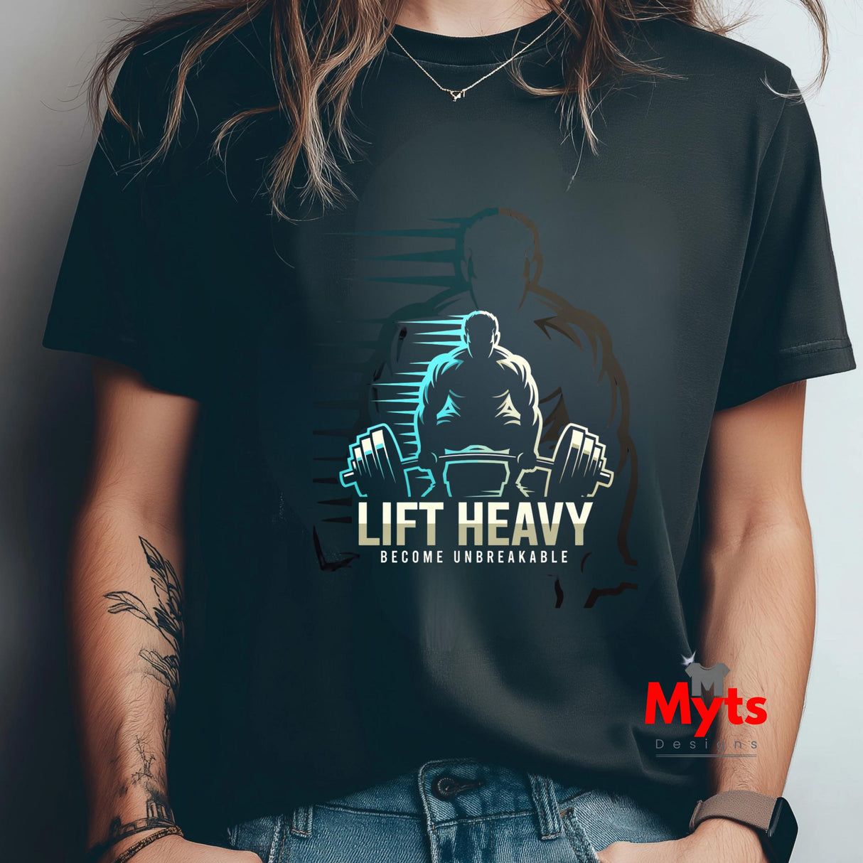Person wearing a black t-shirt with 'Lift Heavy Become Unbreakable' graphic design.