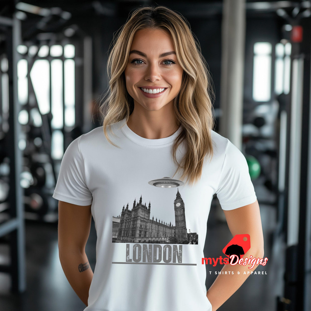 Front view of a young girl wearing a White soft casual tee featuring London’s Big Ben and Parliament skyline with a stylized spaceship hovering above, printed on ultra-soft Gildan 64000 cotton.