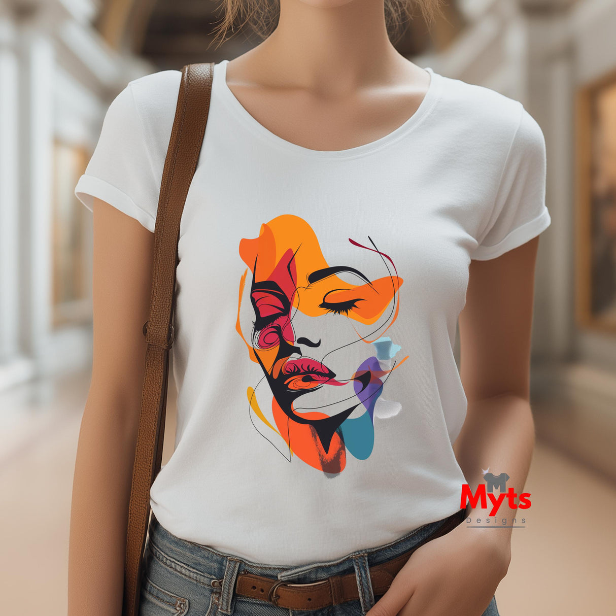 Person wearing a white t-shirt with a colorful abstract design, standing in an indoor setting.