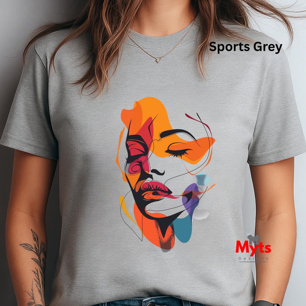 Gray t-shirt with colorful abstract face design and 'Myts' branding.