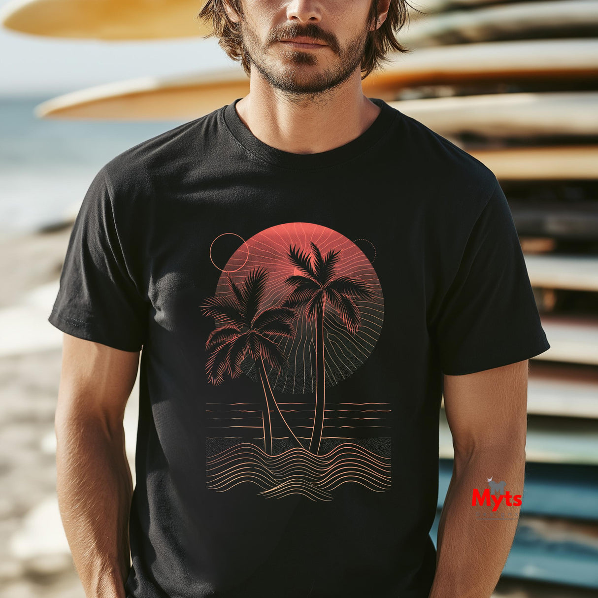 Man wearing a black t-shirt with a palm tree design on a beach.