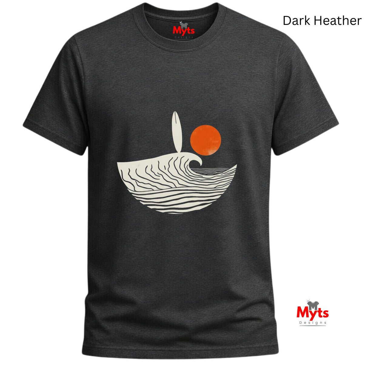 Dark Heather t-shirt with a graphic design of a wave and sun, branded 'Myts'.