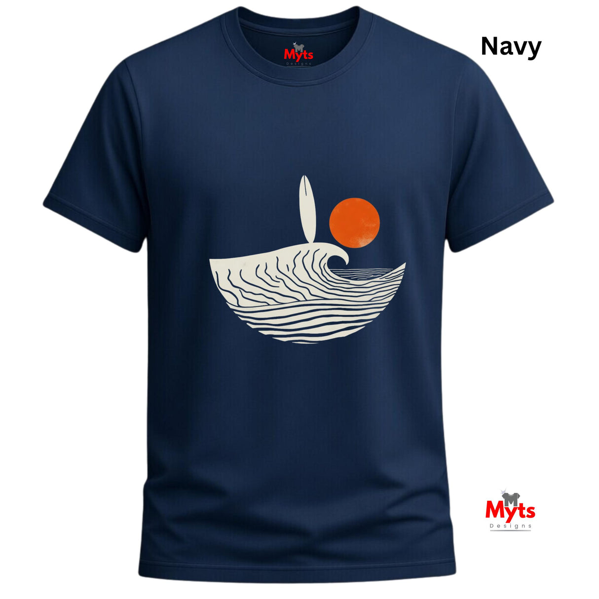 Navy blue t-shirt with a graphic design of a wave and sun, branded 'Myts'.