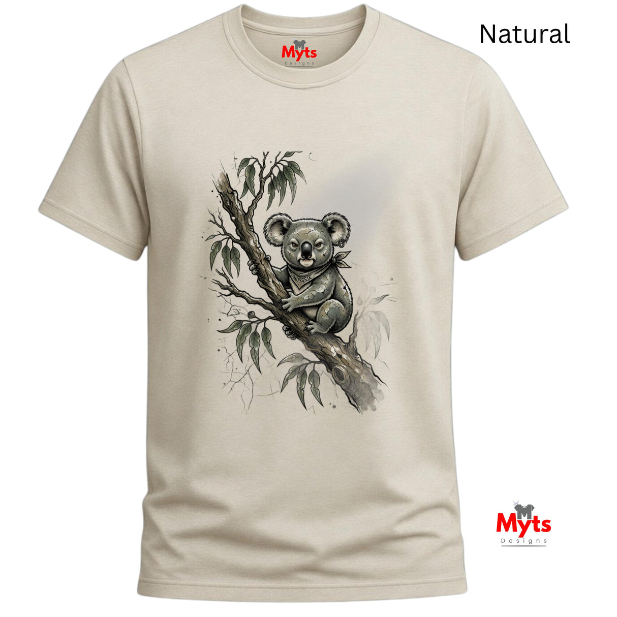 A Natural crewneck t-shirt featuring a detailed graphic of a koala bear sitting on a tree branch with eucalyptus leaves. The brand name 'Myts' is printed inside the collar and shown as a logo watermark in the bottom right corner.