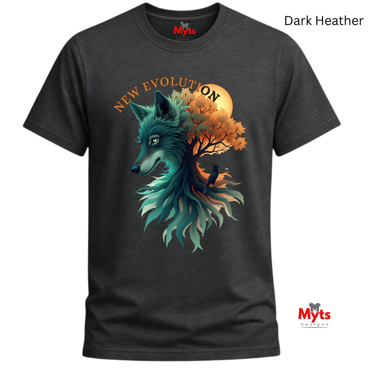 A dark heather gray t-shirt featuring a graphic of a wolf and tree with the text 'NEW EVOLUTION'. The shirt is shown on a white background with 'Myts' branding and a 'Dark Heather' label in the corners.