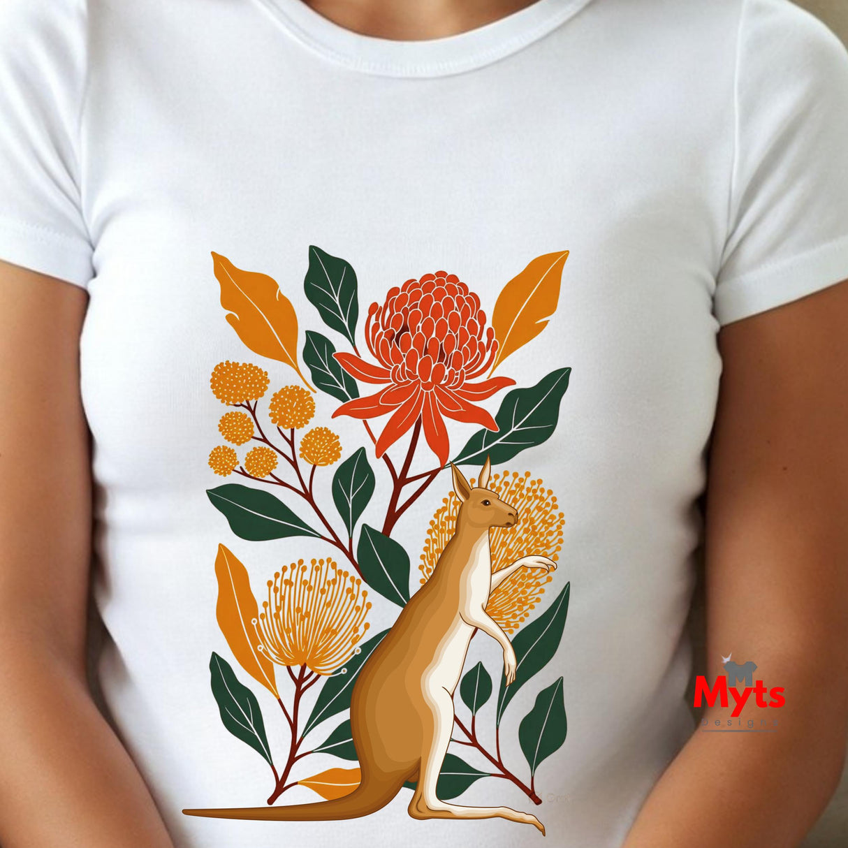 A white short-sleeve crewneck t-shirt featuring a colorful graphic print of a kangaroo surrounded by orange flowers and green leaves, worn by a model.