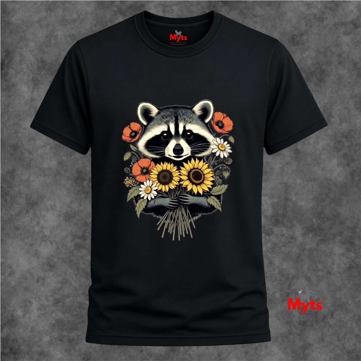 Cute Raccoon Floral T-Shirt – Sunflower & Wildflower Graphic Tee