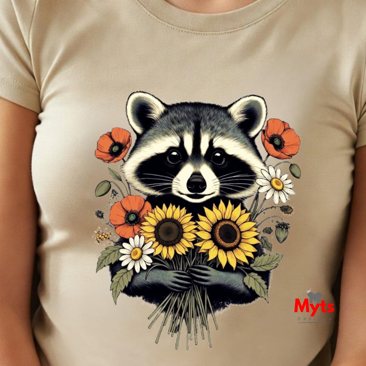 Cute Raccoon Floral T-Shirt – Sunflower & Wildflower Graphic Tee