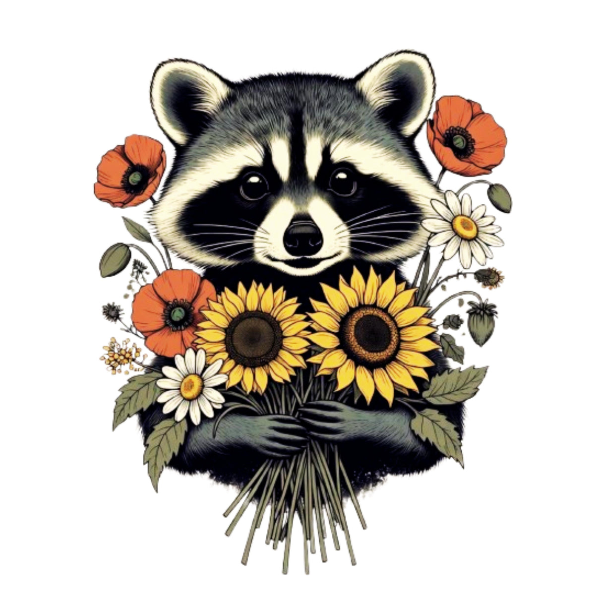 Cute Raccoon Floral T-Shirt – Sunflower & Wildflower Graphic Tee