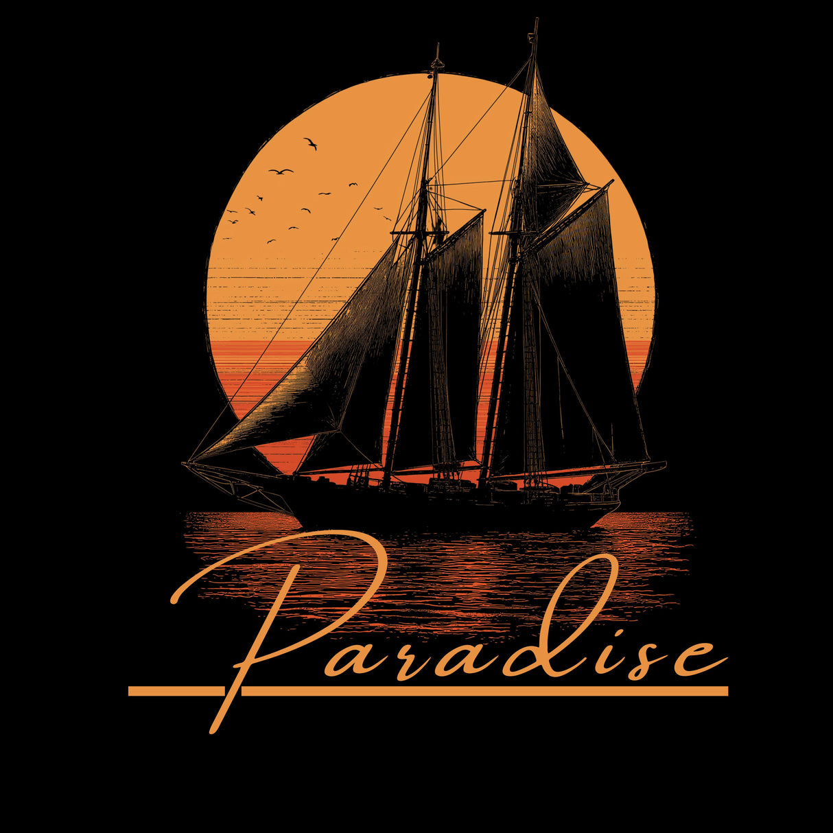 Sailboat silhouette against an orange sunset with 'Paradise' text on a black background