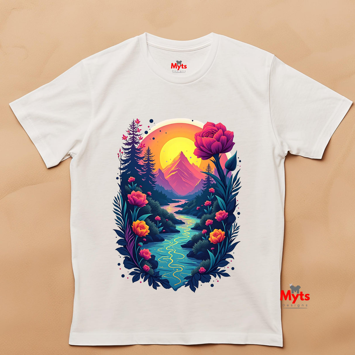 White t-shirt with a colorful nature-themed design featuring mountains, flowers, and a sunset on a beige background.