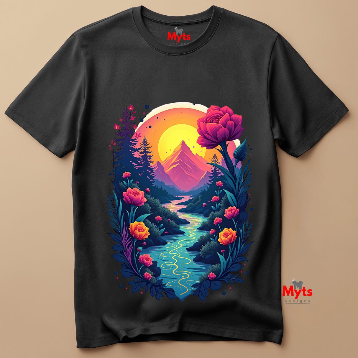 Black t-shirt with a colorful nature-themed design featuring flowers and mountains on a beige background.