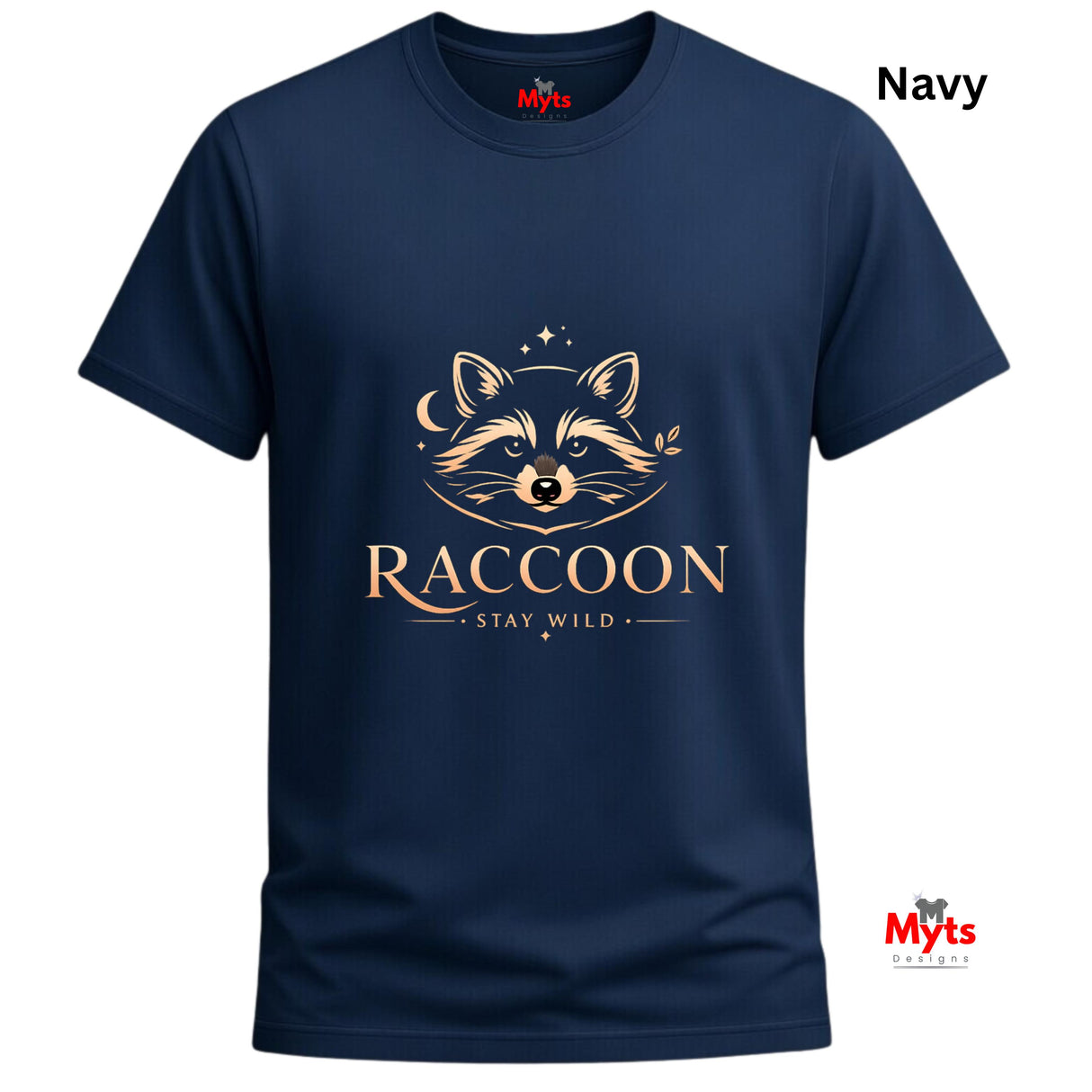 A navy blue short-sleeve t-shirt with a gold graphic of a raccoon's face and the text 'RACCOON STAY WILD' on the front. The brand name 'Myts' is visible on the inner neck label and as a watermark in the bottom right corner.