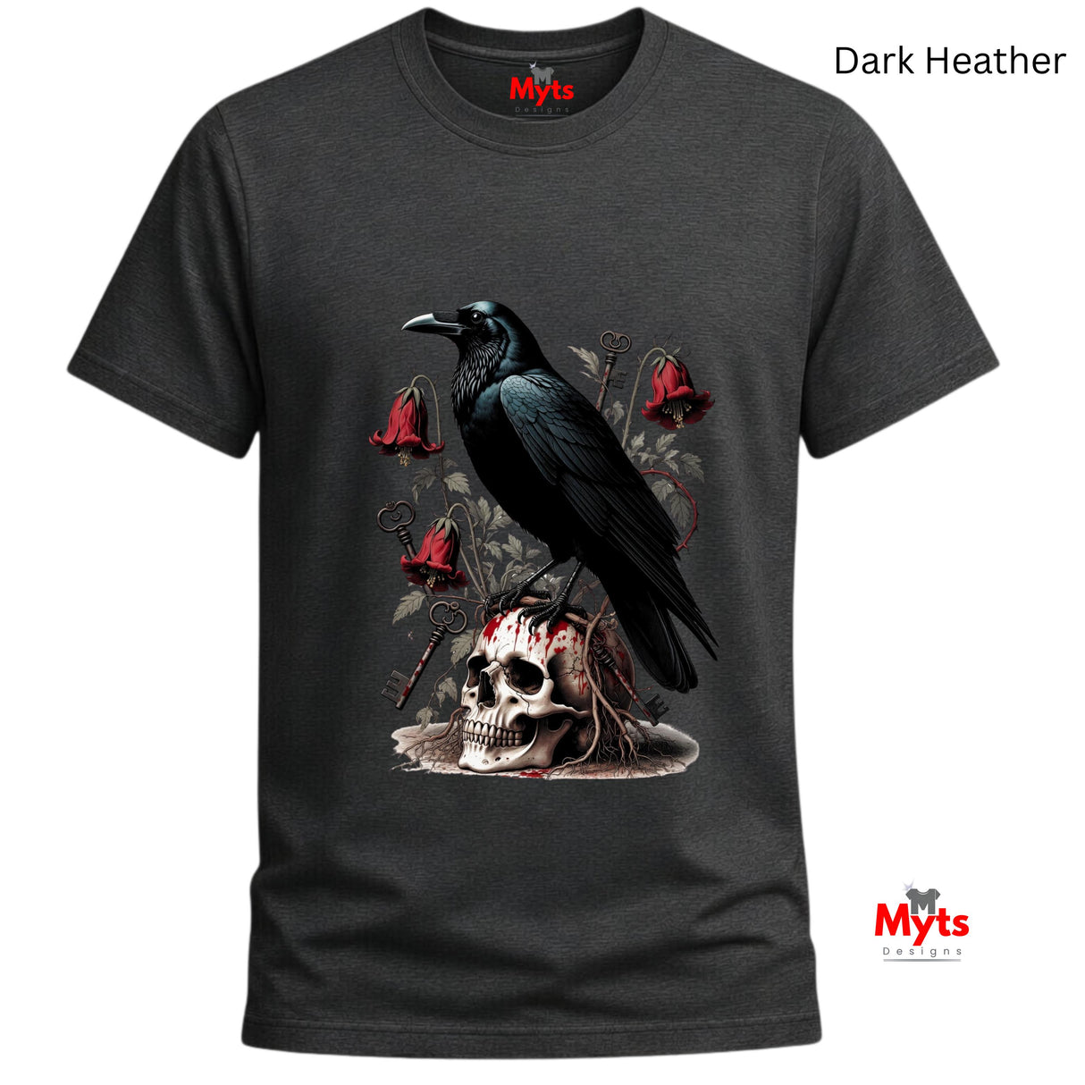 A dark heather gray t-shirt featuring a graphic print of a black raven perched on a skull with red roses and a dagger. The t-shirt is shown against a plain white background with 'Myts' brand logos visible on the inner neck and bottom right corner.