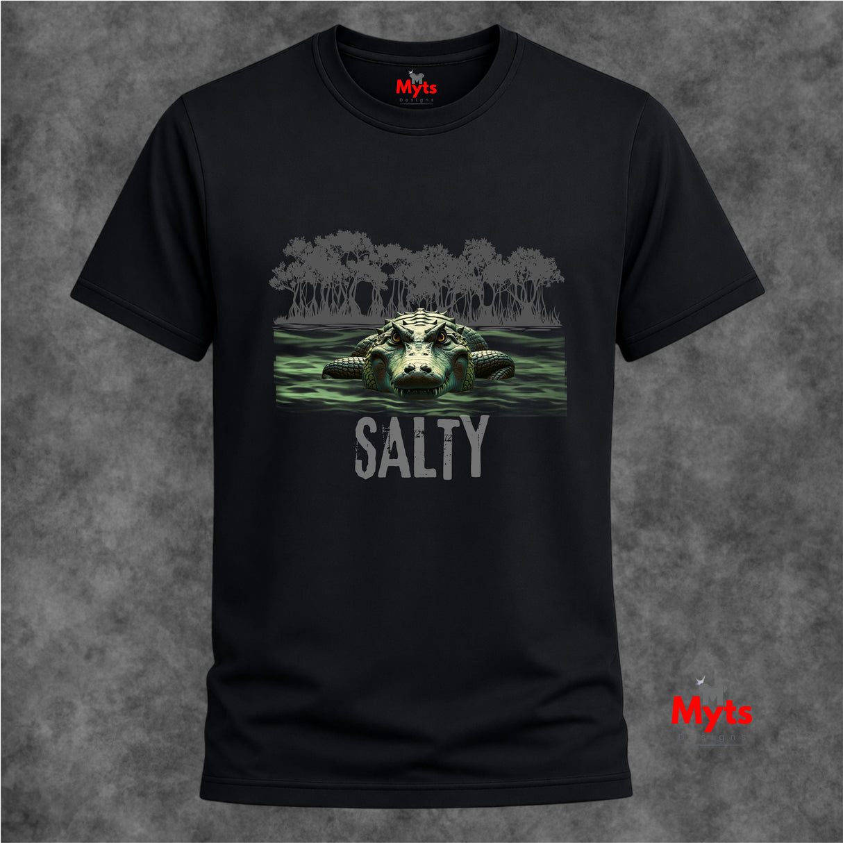 Black t-shirt with an alligator graphic and 'Salty' text on a textured gray background