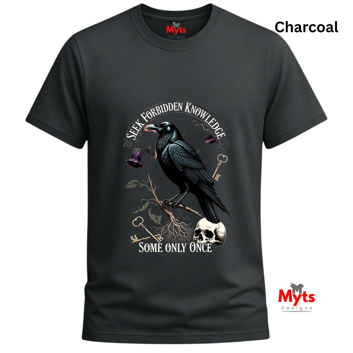 Charcoal t-shirt with a crow design and text on a white background