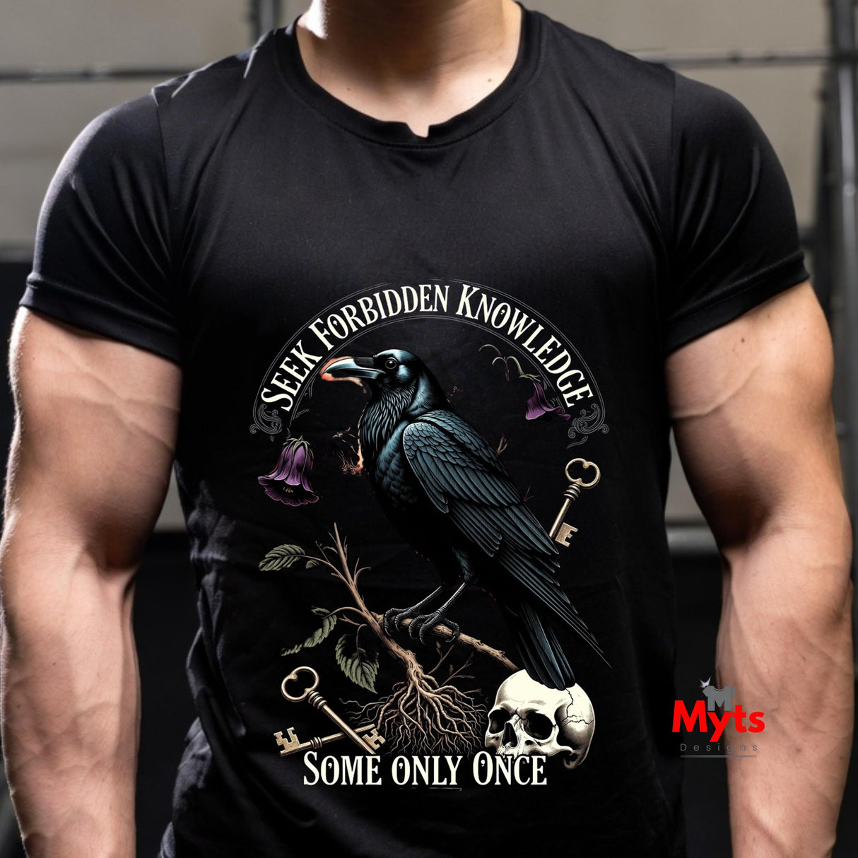 Person wearing a black t-shirt with a raven and skull design and 'Seek Forbidden Knowledge' text.