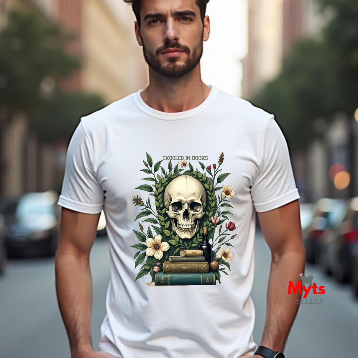 Man wearing a white t-shirt with a skull and floral design on a city street.