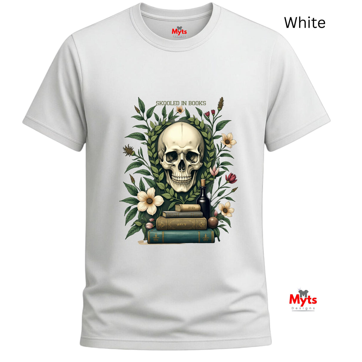 White t-shirt with a skull and books design on a white background