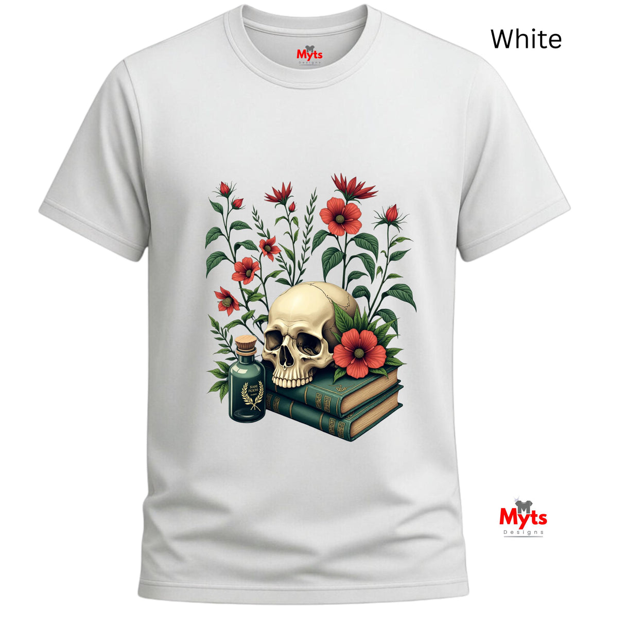 White t-shirt with a skull and floral design on a white background