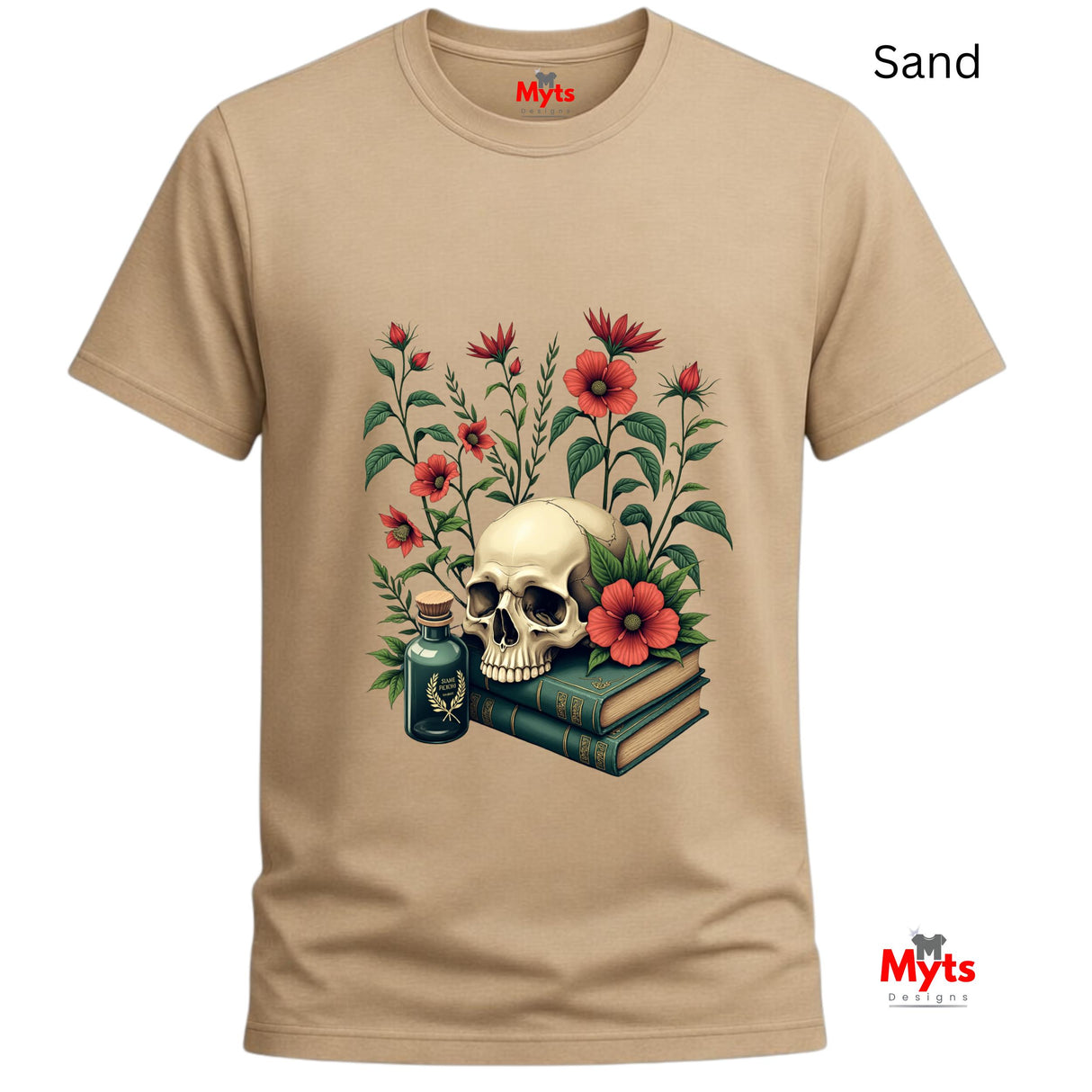 Sand t-shirt with a skull and floral design on a white background