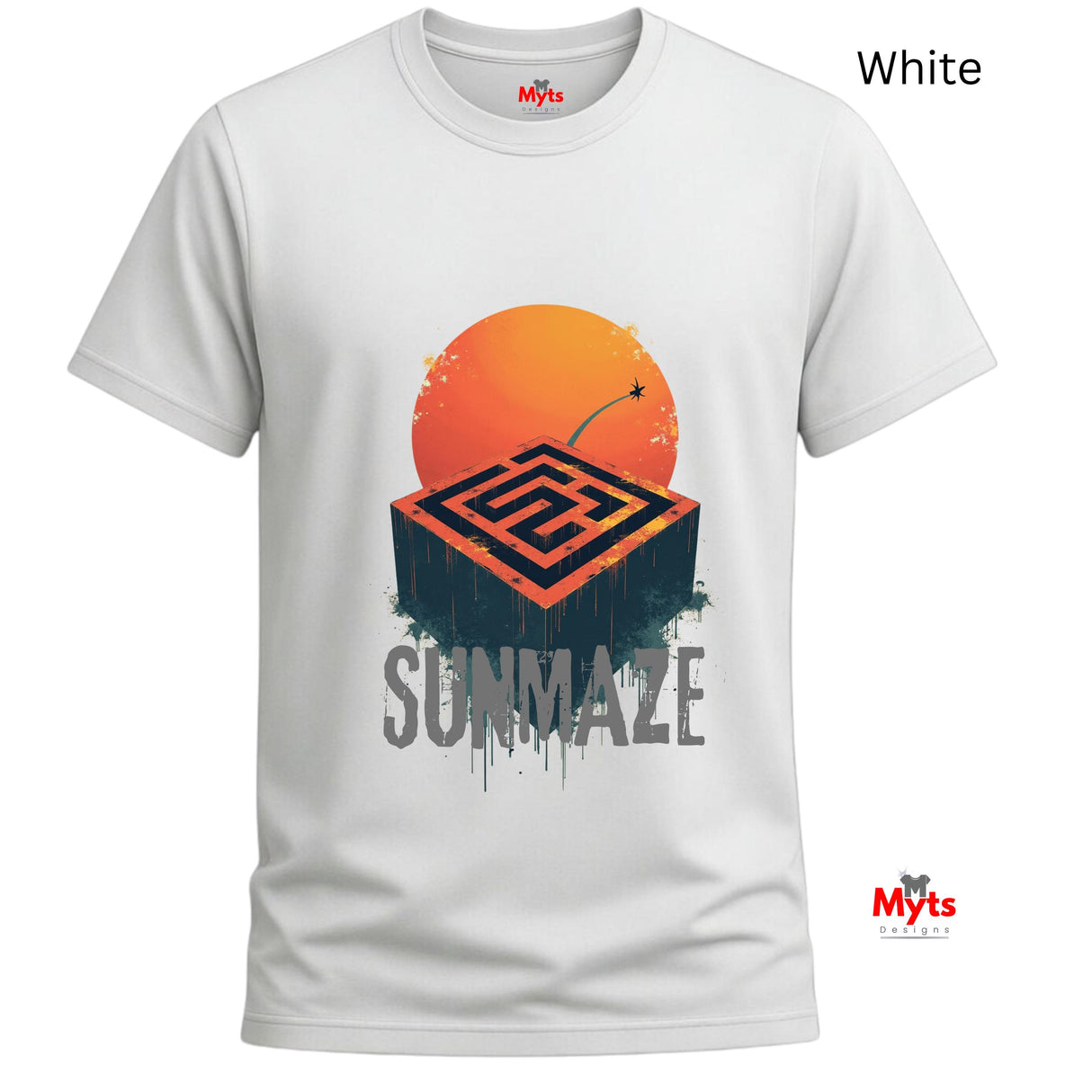 White t-shirt with 'Sunmaze' design featuring an orange circle and maze, on a white background.