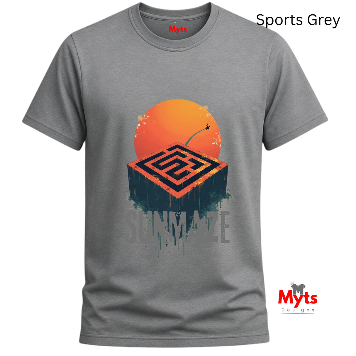 Gray t-shirt with orange and black design on a white background