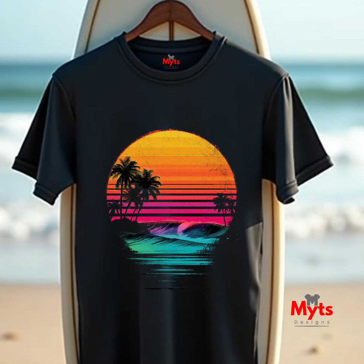 Black t-shirt with a colorful sunset design on a surfboard with a beach background