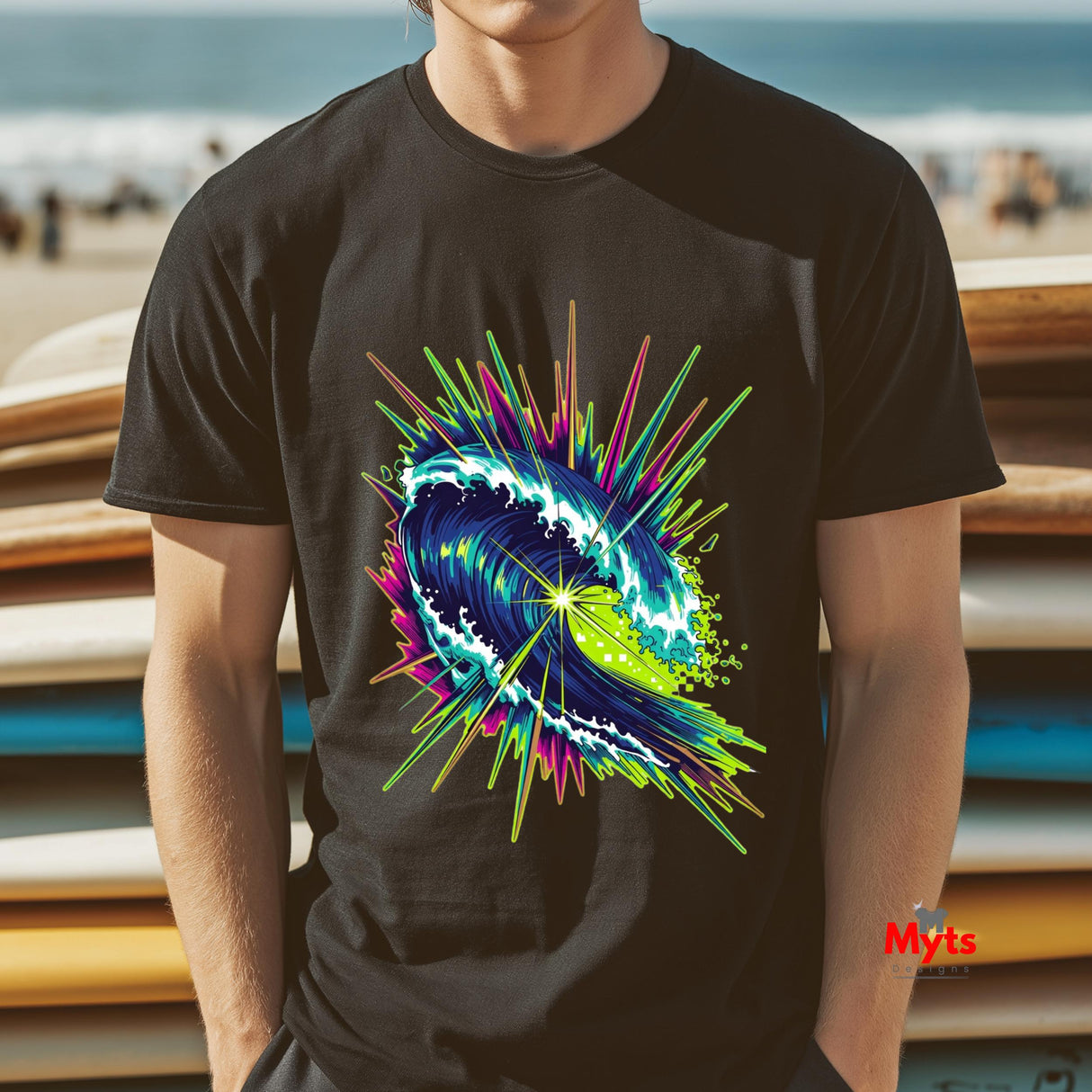 Neon Wave Surf Graphic T-Shirt – Retro Beach Unisex Tee
