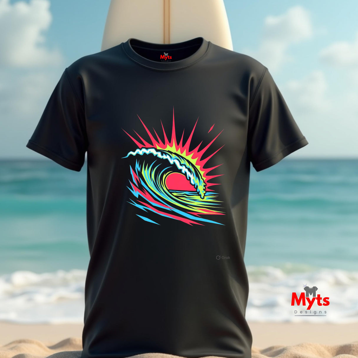 Black t-shirt with colorful wave design on a beach background