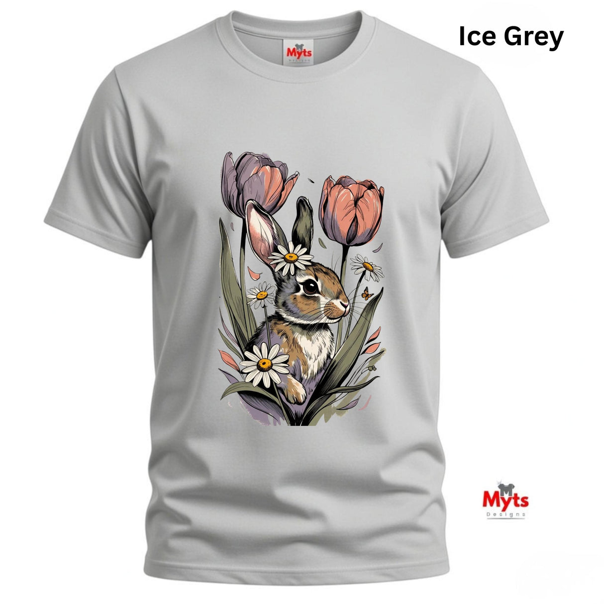 An ice grey short-sleeve crewneck t-shirt featuring a detailed graphic print of a brown rabbit surrounded by pink tulips and white daisies. The text 'Ice Grey' is displayed in the top right corner, and the 'Myts' brand logo is visible on the bottom right.