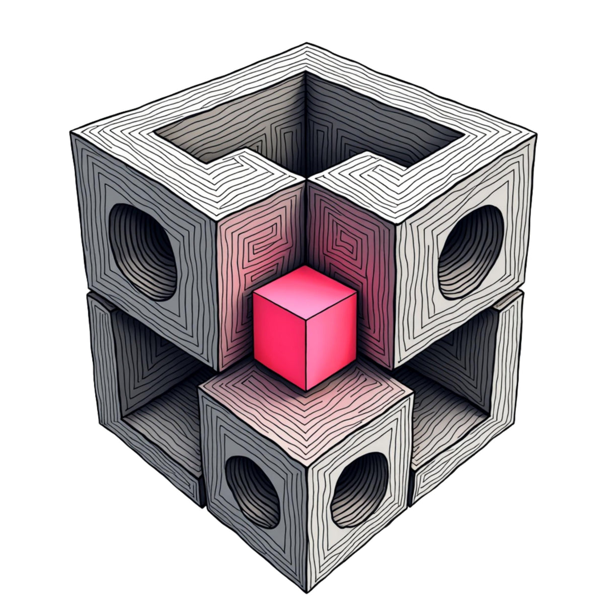 Geometric 3D puzzle with a pink cube inside gray and black blocks on a white background