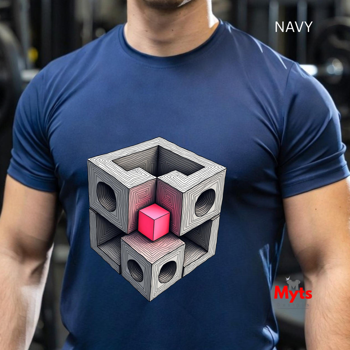 Person wearing a navy blue t-shirt with a geometric design, brand 'Myts' visible.