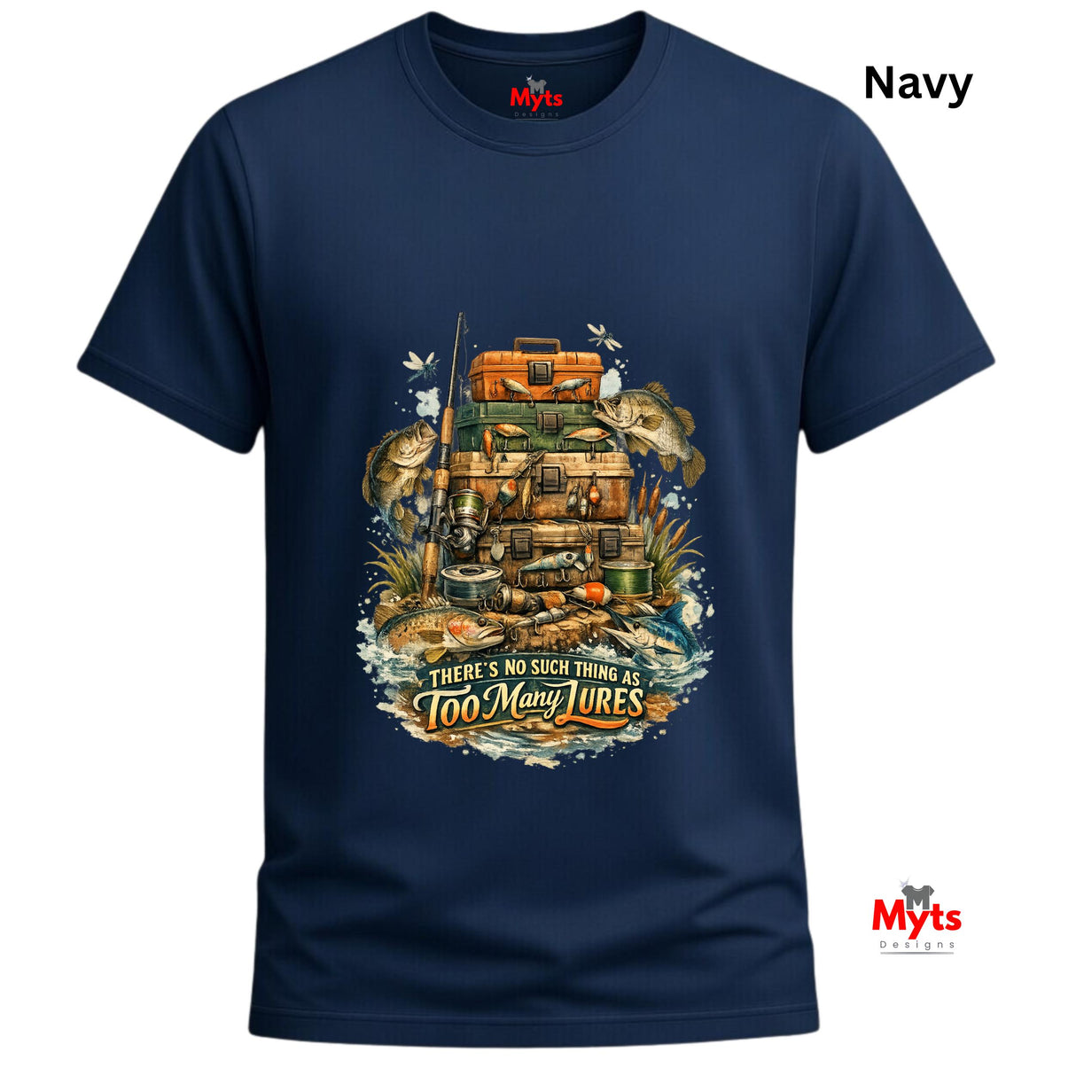 Navy blue t-shirt with fishing-themed graphic and 'Myts' branding.