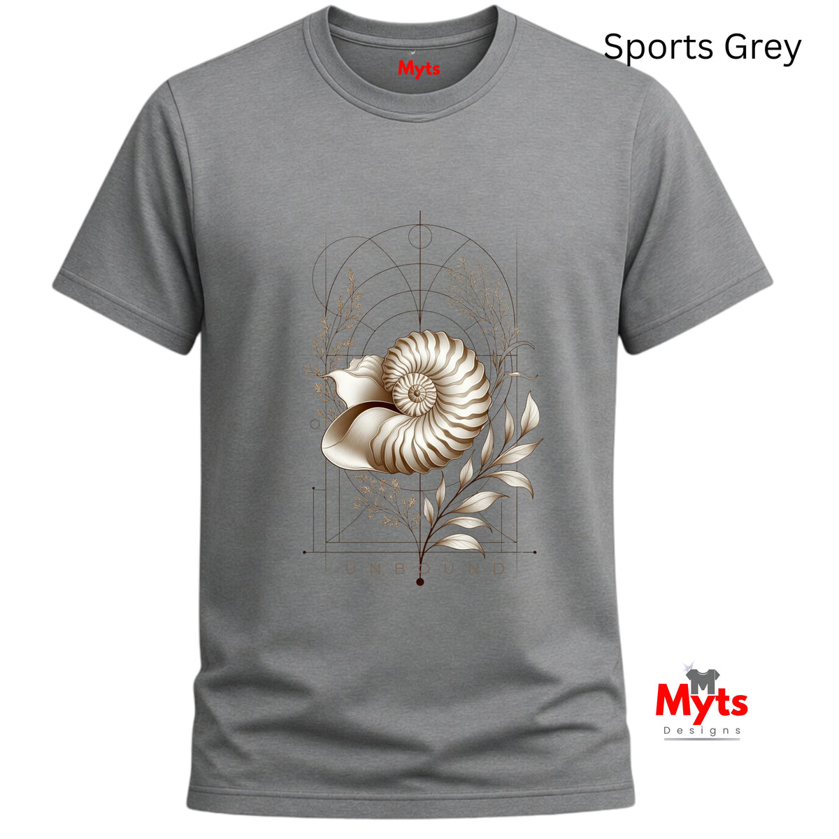 “Front view of a Sports Grey Unbound Nautilus shell graphic T-shirt on a white background.”