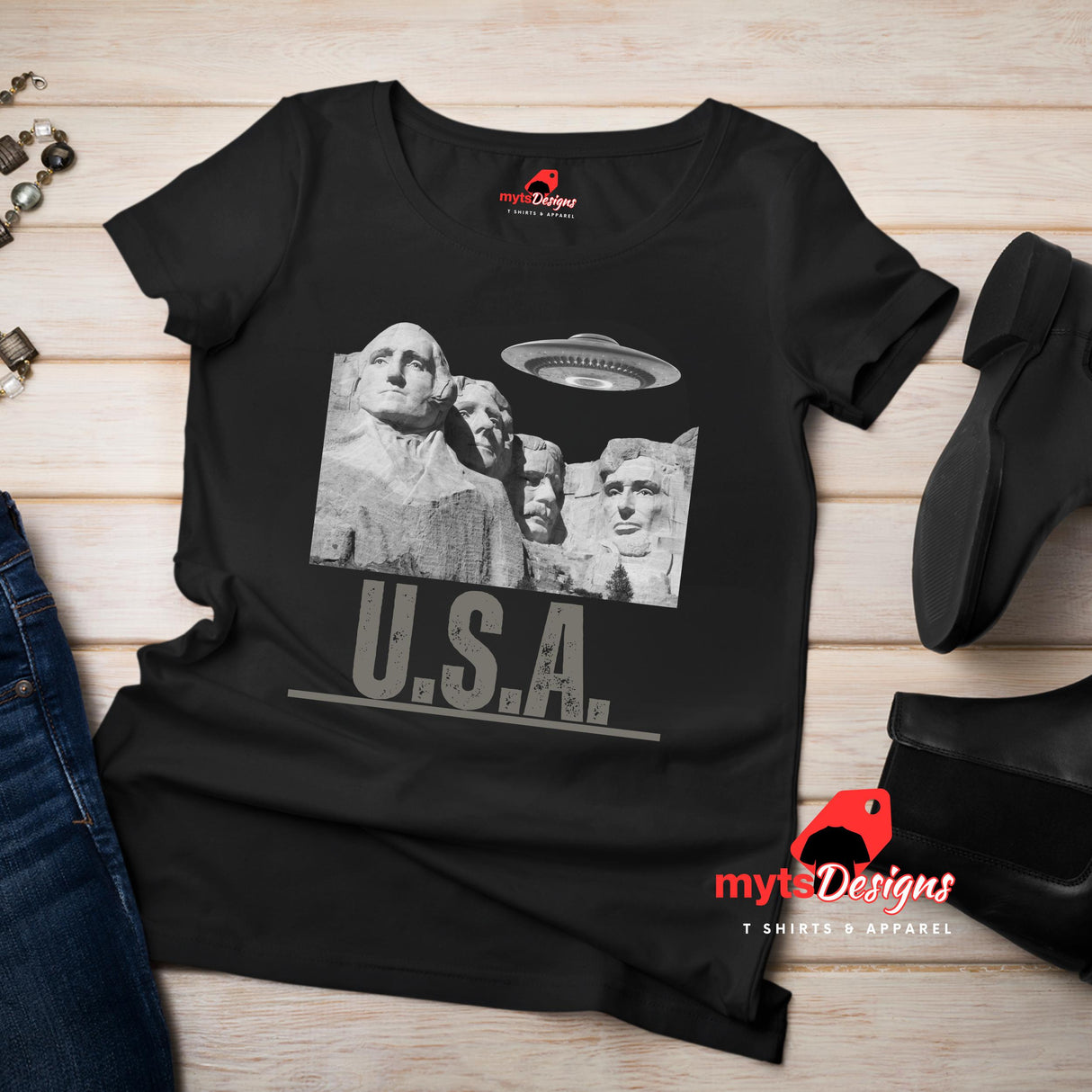 Flat lay black Mt. Rushmore T-shirt
