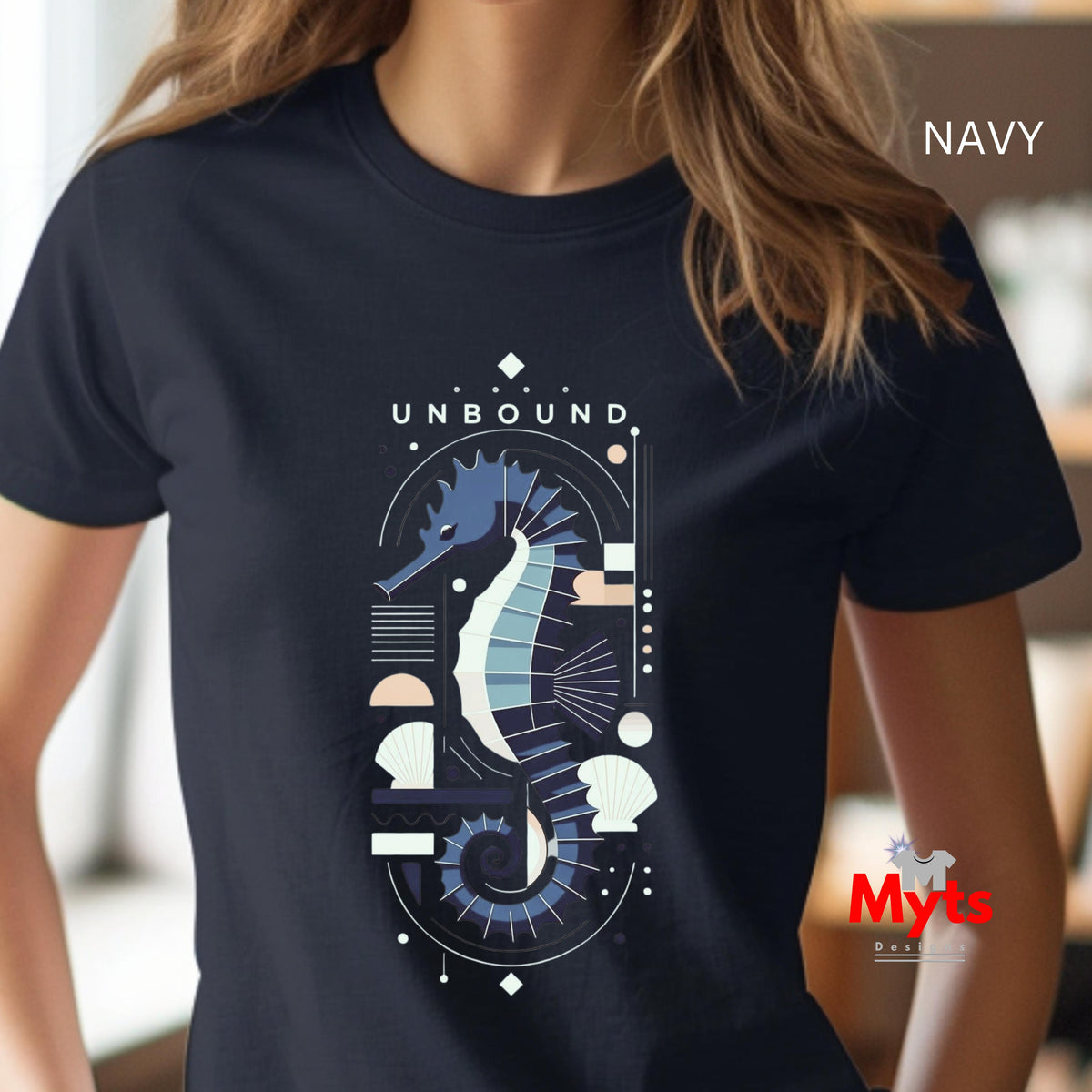 UNBOUND Seahorse Graphic T-Shirt – Geometric Ocean Art